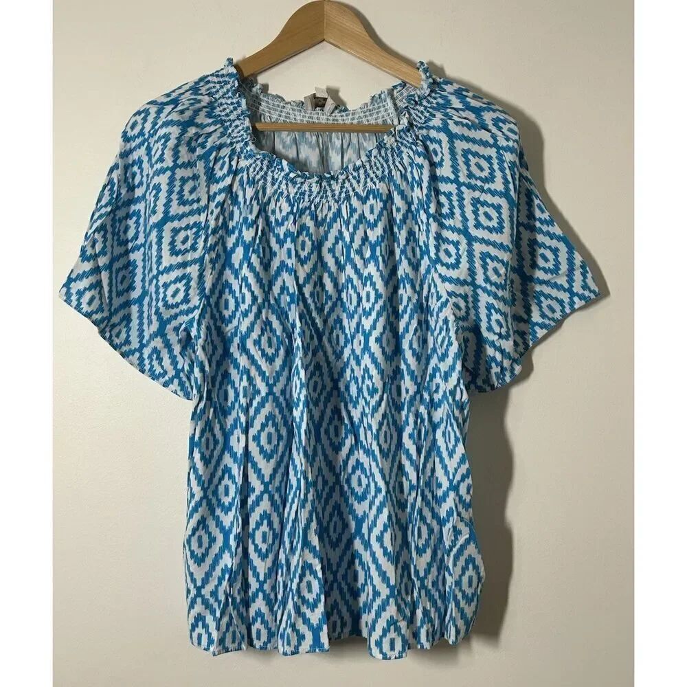 LOFT Women's XL Geometric Print Top Short Sleeve Blouse Blue & White